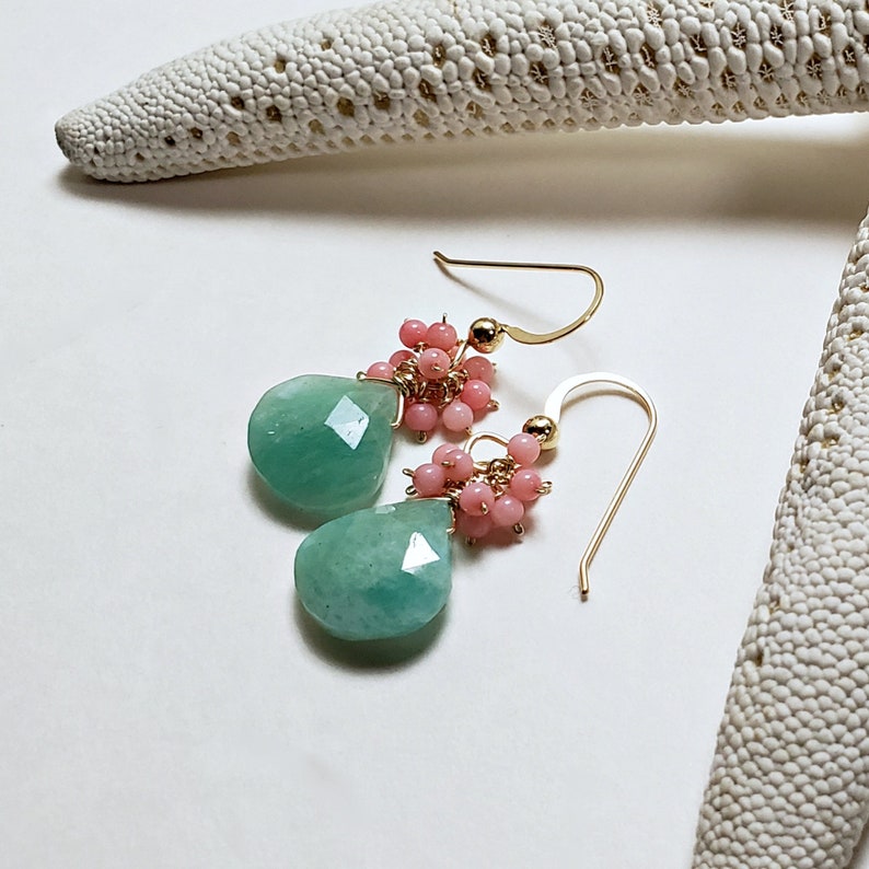 Peach Coral Amazonite Earrings, Peach Mint Earrings, Mint Coral Earrings, Aqua Peach Dangle image 2