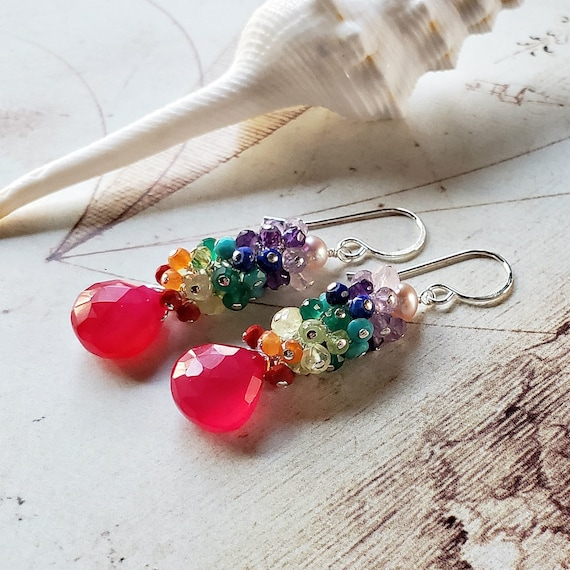 Rainbow Gemstone Cluster Earrings Rainbow Cluster Dangle Chakra Gemstone Earrings Etsy