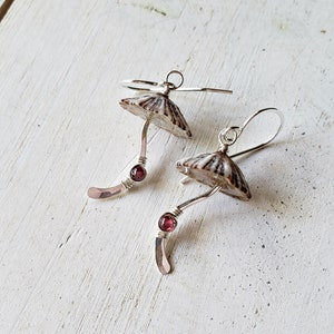 Mushroom Gemstone Earrings, Fungi Earrings, Ophi Shell Dangle, Botanical Gemstone Earrings, Gift For Mycologist garnet