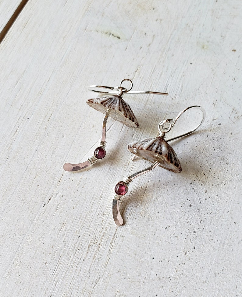 Mushroom Gemstone Earrings, Fungi Earrings, Ophi Shell Dangle, Botanical Gemstone Earrings, Gift For Mycologist garnet