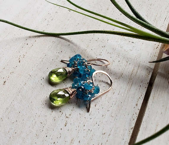 Peridot Dangle Earrings Blue Green Gemstone Cluster Teal Apatite Earrings Etsy