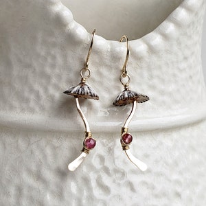 Mushroom Gemstone Earrings, Fungi Earrings, Ophi Shell Dangle, Botanical Gemstone Earrings, Gift For Mycologist image 3