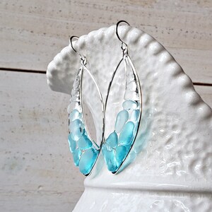 Marquise Sea Glass Hoops, Turquoise Beach Glass Earrings, Aqua Ombre Resin Hoop Earrings image 8