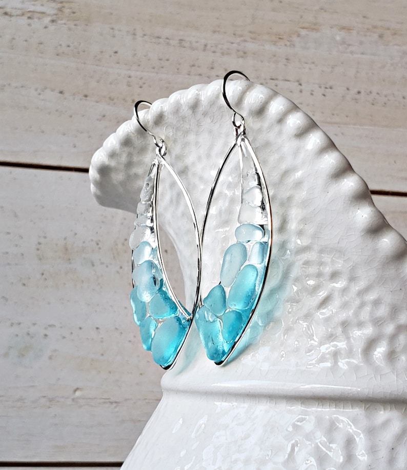 Marquise Sea Glass Hoops, Turquoise Beach Glass Earrings, Aqua Ombre Resin Hoop Earrings image 8