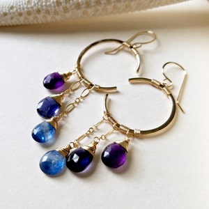 Blue Crescent Moon Earrings, Peacock Gemstone Chandelier, Amethyst Crescent Moon Chandelier image 2