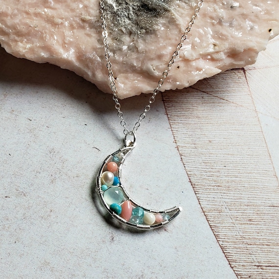 Peach Aqua Moon Necklace Pink Mint Moon Pendant Turquoise