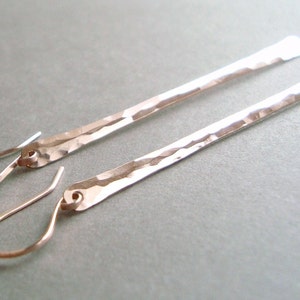Rose Gold Bar Earrings, Pink Gold Dangle Earrings, Minimalist Rose Gold Stick Earrings, Hammered Rose Gold Bars