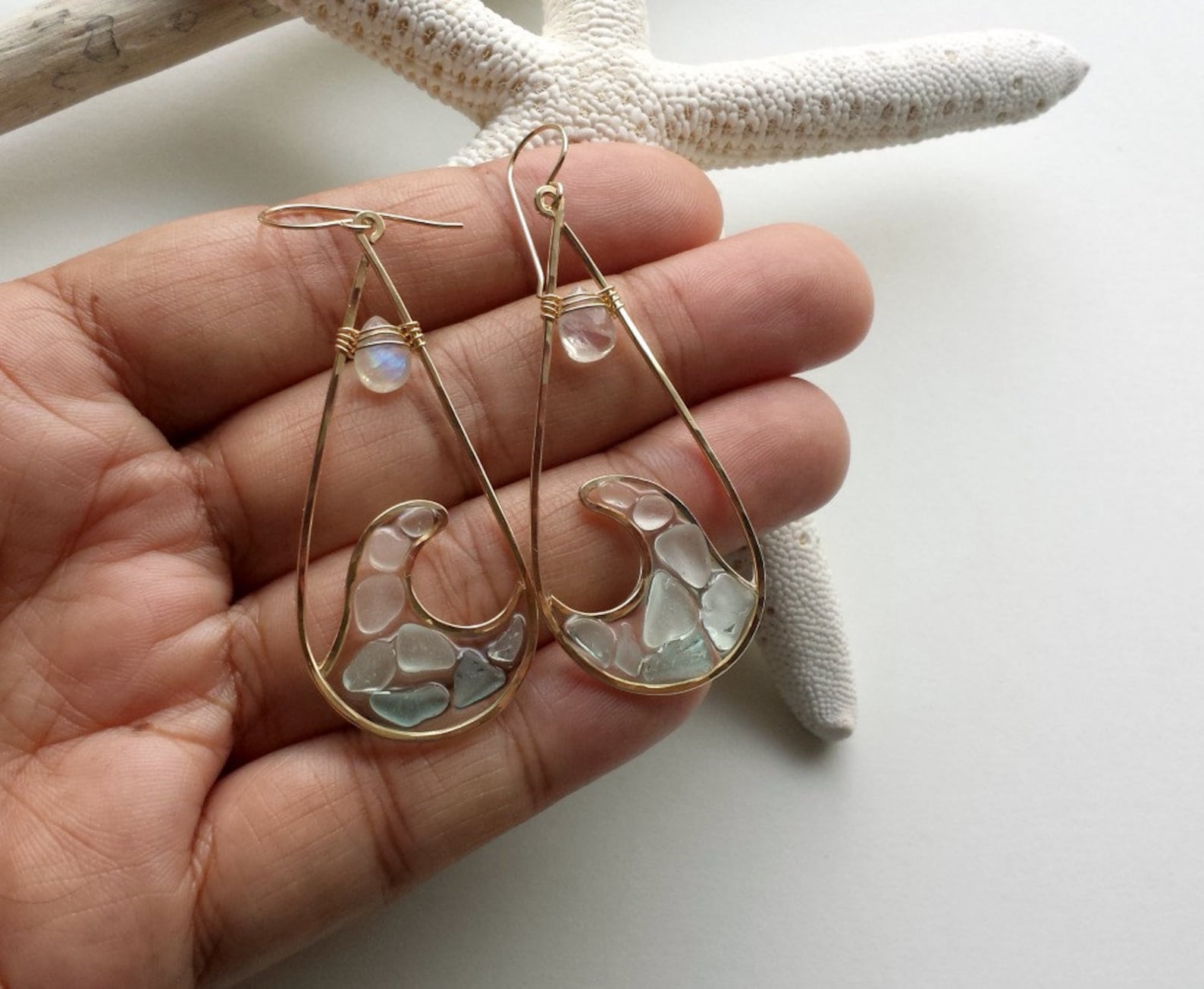 Wave Hoop Earrings Sea Glass Hoops Beach Glass Earrings Etsy
