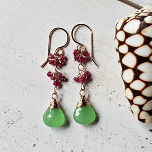 Ruby Green Earrings, Pink Green Cluster Earrings, Dark Ruby Cluster Dangle