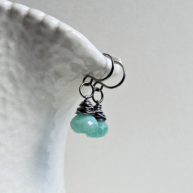 Small Amazonite Drops Oxidized Gemstone Earrings Ready Made Oxidized Silver Drop Earrings