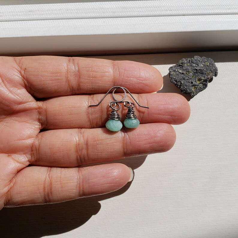 Small Amazonite Drops Oxidized Gemstone Earrings Ready Made Oxidized Silver Drop Earrings