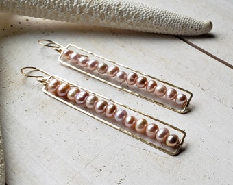 Long Pink Pearl Earrings, Hammered Rectangle Earrings, Pink Pearl Dangle Earrings