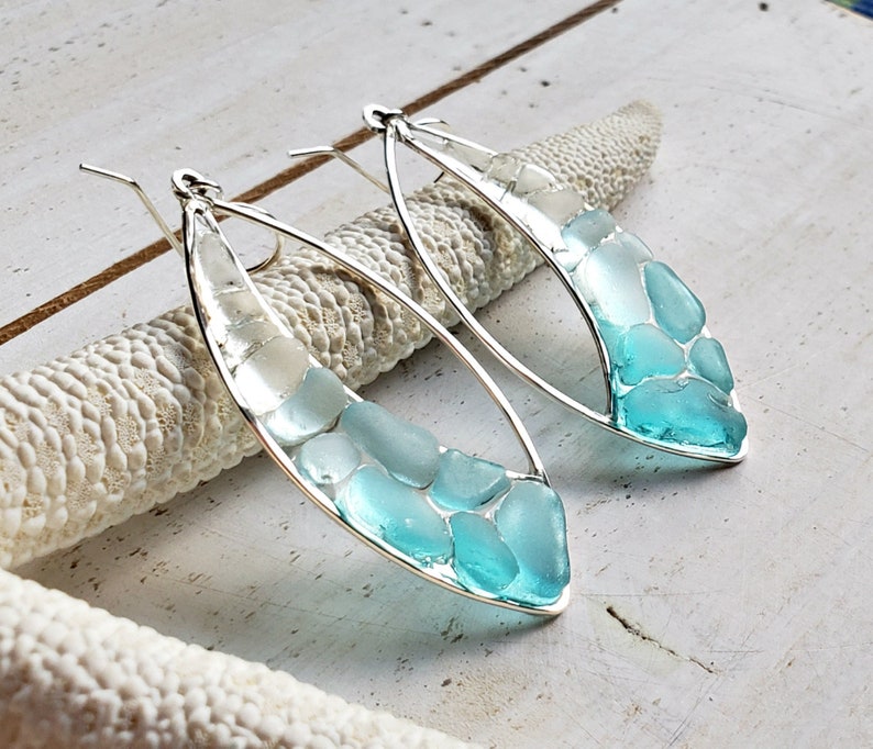 Marquise Sea Glass Hoops, Turquoise Beach Glass Earrings, Aqua Ombre Resin Hoop Earrings image 1