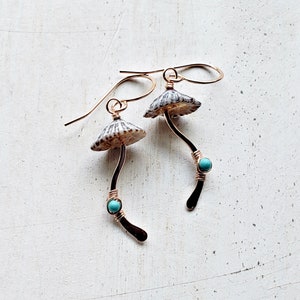Mushroom Gemstone Earrings, Fungi Earrings, Ophi Shell Dangle, Botanical Gemstone Earrings, Gift For Mycologist turquoise
