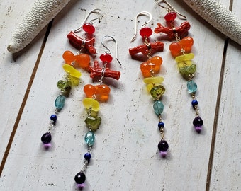 Rainbow Mixed Gemstone Earrings, Long Rainbow Earrings, Multi Gemstone Rainbow Dangle