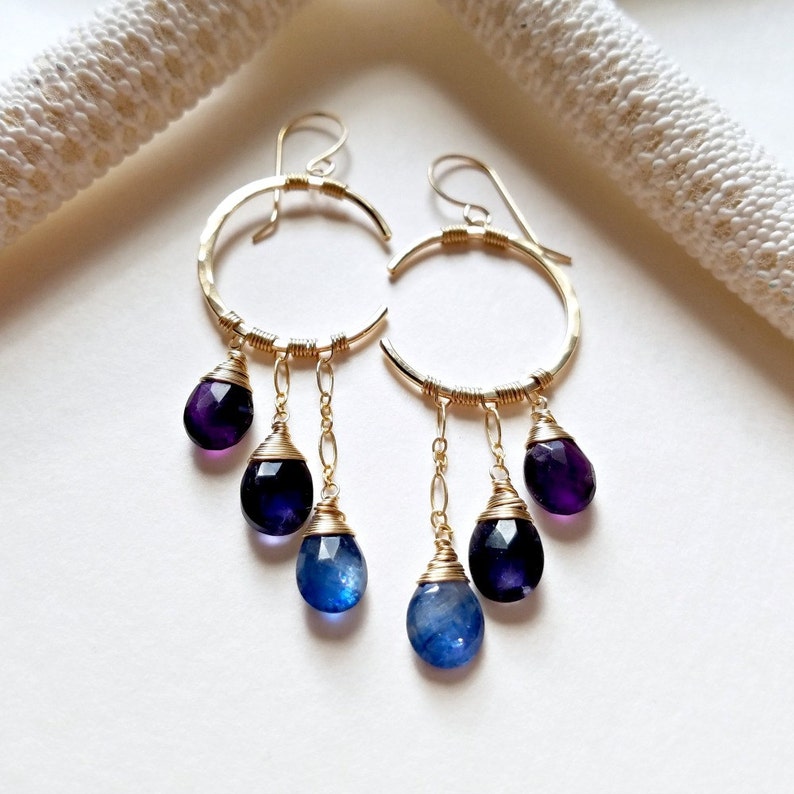 Blue Crescent Moon Earrings, Peacock Gemstone Chandelier, Amethyst Crescent Moon Chandelier image 1