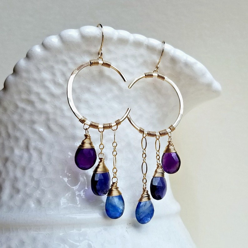 Blue Crescent Moon Earrings, Peacock Gemstone Chandelier, Amethyst Crescent Moon Chandelier gold filled