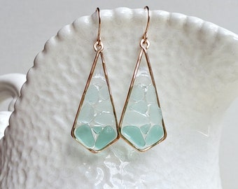 Teal Sea Glass Earrings, Geometric Beach Glass Drops, Mosaic
