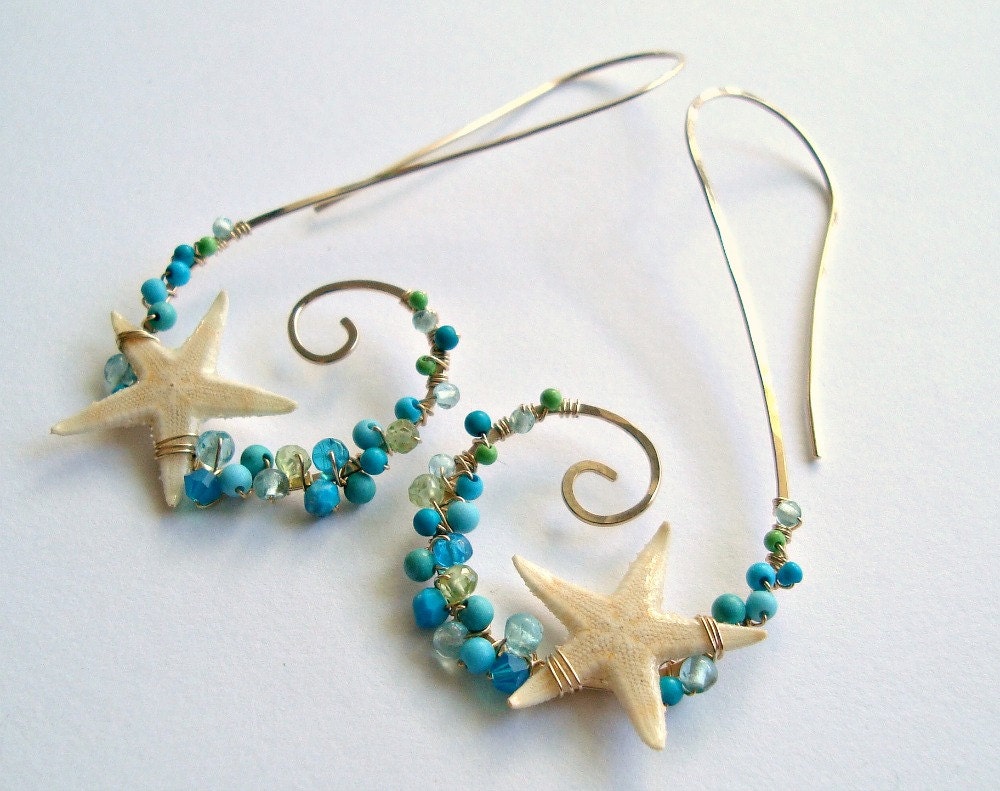 Starfish Hoop Earrings Turquoise Threader Hoops Blue Green - Etsy