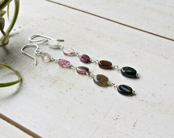 Silver Tourmaline Dangle Earrings, Long Tourmaline Fringe, Ombre Tourmaline Dangle:  Ready Made