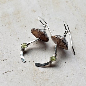 Mushroom Gemstone Earrings, Fungi Earrings, Ophi Shell Dangle, Botanical Gemstone Earrings, Gift For Mycologist peridot