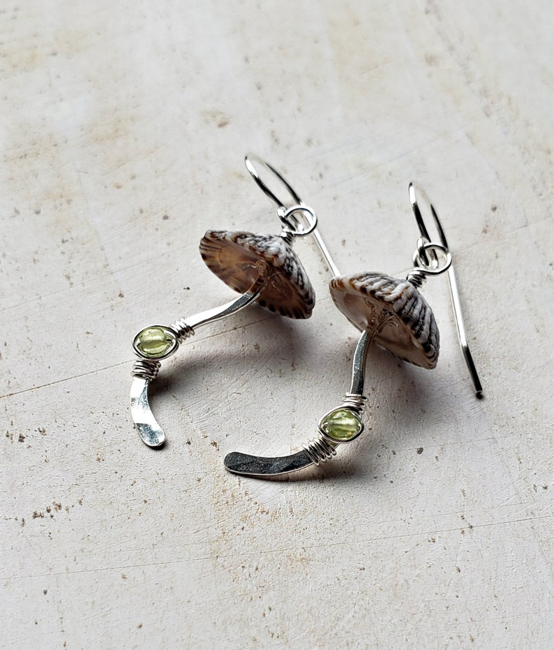 Mushroom Gemstone Earrings, Fungi Earrings, Ophi Shell Dangle, Botanical Gemstone Earrings, Gift For Mycologist peridot
