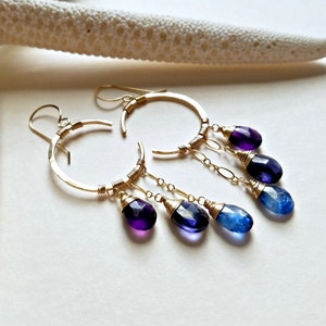 Blue Crescent Moon Earrings, Peacock Gemstone Chandelier, Amethyst Crescent Moon Chandelier image 5