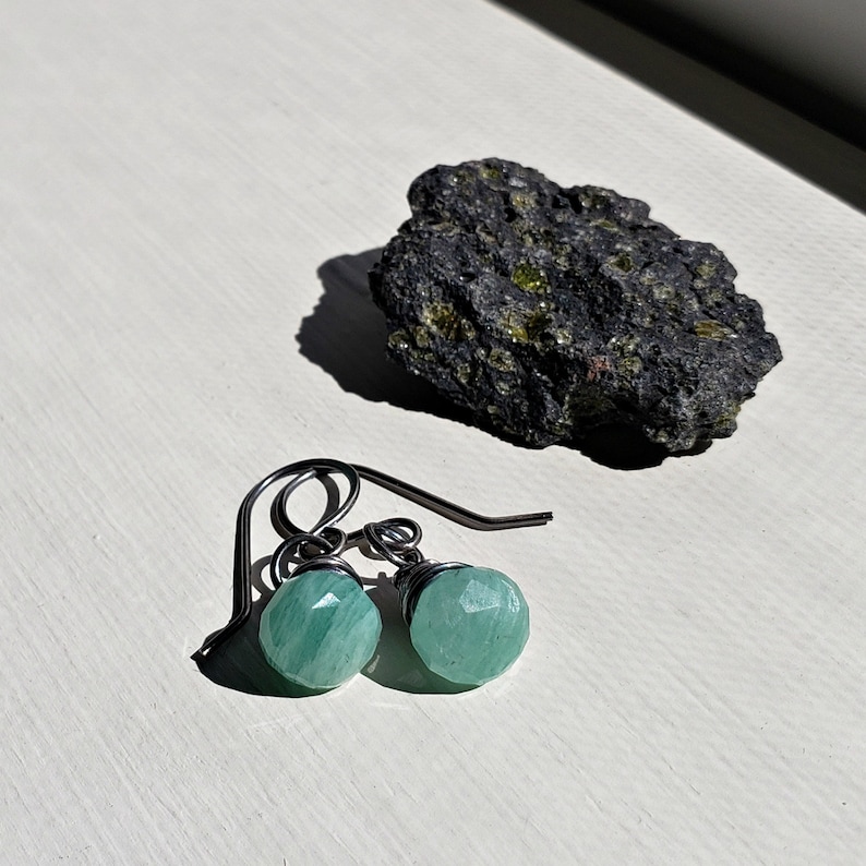 Small Amazonite Drops Oxidized Gemstone Earrings Ready Made Oxidized Silver Drop Earrings