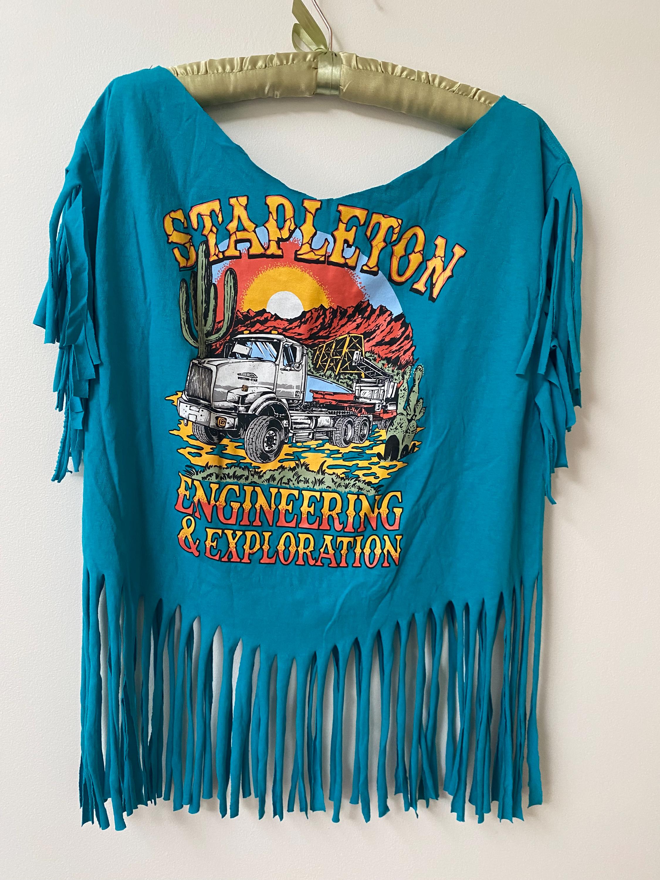 Upcycled 80s-Style Shredded Tee – Turquoise Retro Trucking Graphic – Fringe Hem – Size Large