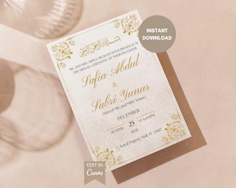 May include: An ivory wedding invitation with gold calligraphy and decorative flourishes. The invitation includes the names Safia Abdul and Sabri Yunus, with the date December 25, 2025, and the time 6:00 PM. The text "Instant Download" and "Edit in Canva" are also visible.