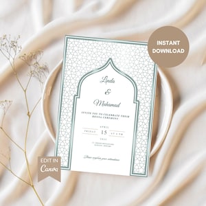 Invito per cerimonia all'henné marocchina / Modello Canva modificabile ispirato a Fes / Pre-evento per matrimonio islamico / Download digitale / Design ad arco