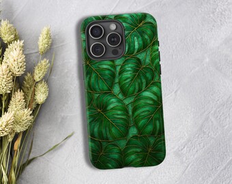 Monstera Tough Phone Case Green Botanical Design Unique Gift for Her Mobile Accessory Stained Glass Gift for Nature Lovers Botany Summer