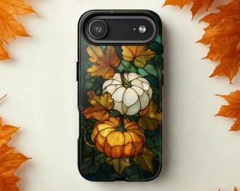 Funda para teléfono con vitral de calabaza, estética otoñal, para iPhone 17 y Galaxy Pixel, hojas de otoño, regalo acogedor, estilo cottagecore.