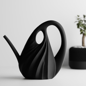 Op de afbeelding: Een zwarte gieter met een uniek, sculpturaal ontwerp. De gieter heeft een gebogen handvat met een cirkelvormige opening en een lange tuit. De body heeft een gestructureerd, wervelend patroon. Een kleine potplant staat op de achtergrond.