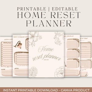 May include: A collection of printable and editable home reset planner pages. The pages feature floral illustrations and text, including "Home Reset Planner" and checklists for daily and weekly tasks. The design is in neutral tones.