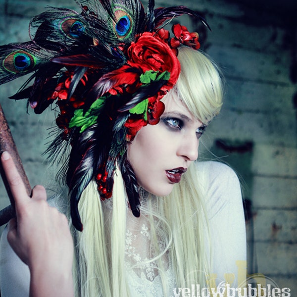 Red tribal headdress - geisha, salsa, belly dance costume - berries, flowers & peacock feathers