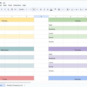 May include: A digital spreadsheet titled "Weekly Food Planner" with a grid layout. The spreadsheet is color-coded by day, with sections for meals, breakfast, lunch, dinner, and snacks. The days of the week are labeled across the top.