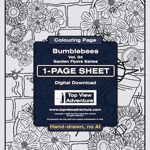 Può includere: Pagina da colorare in bianco e nero intitolata "Bumblebees" della serie Garden Flyers. Il download digitale presenta illustrazioni disegnate a mano di fiori, api e uno sfondo di mattoni. Include il testo "1-PAGE SHEET".