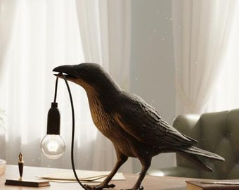 Raven Desk Lamp: Gothic Library Decor - Matte Black or White