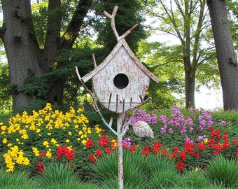 Rustic Cast Metal Bird Bath, Feeder & House Ornaments