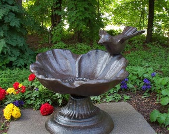 Rustic Cast Metal Bird Bath, Feeder & Birdhouse Ornaments