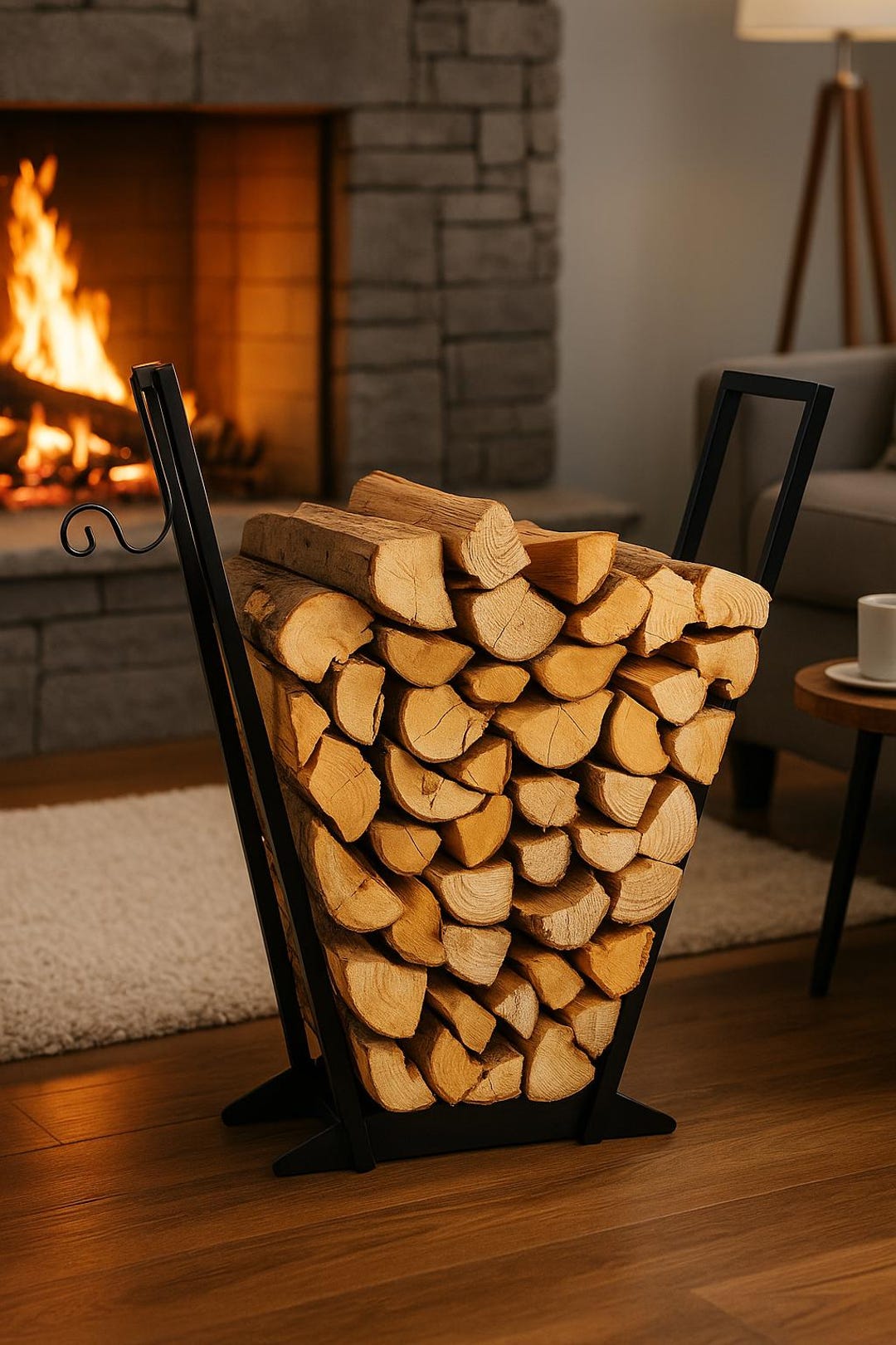 Modern Log Rack Modern Firewood Log Holder Rack – 63cm Tall Indoor & Outdoor Firewood ...