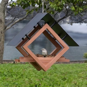 May include: A modern bird feeder with a geometric design. The feeder has a brown wooden frame with a black metal roof. A small bird sits inside the feeder, which is suspended by a chain. The background includes a lake and green grass.