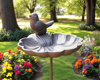 Rustic Cast Metal Bird Bath, Feeder & House Ornaments
