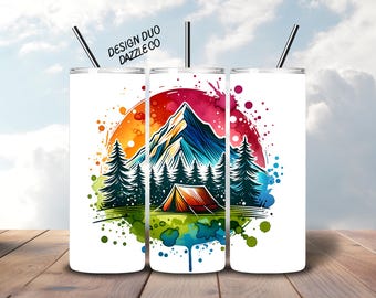 Camping Tumbler Wrap, Camping Sublimation, Camper PNG, Seamless 20 oz Skinny Tumbler, Digital Download