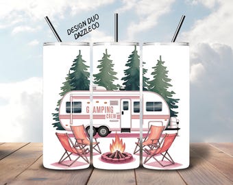 Camping Tumbler Wrap, Camping Sublimation, Camper PNG, Seamless 20 oz Skinny Tumbler, Digital Download