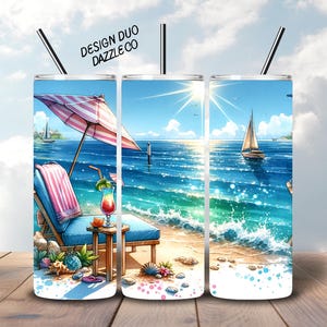 Beach Tumbler Wrap, Ocean PNG, Tropical Tumbler PNG, Seamless 20 oz Skinny Tumbler Design File Digital Download