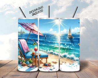 Beach Tumbler Wrap, Ocean PNG, Tropical Tumbler PNG, Seamless 20 oz Skinny Tumbler Design File Digital Download