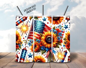 Patriotic Sunflower, 4th of July Tumbler, Seamless Digital Download 20 oz Skinny Tumbler Sublimation, Patriotic Tumbler Wrap