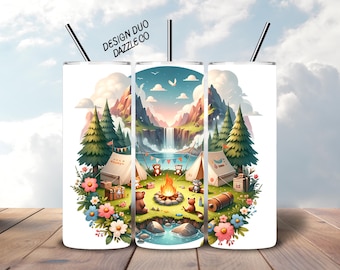 Camping Tumbler Wrap, Camping Sublimation, Camper PNG, Seamless 20 oz Skinny Tumbler, Digital Download